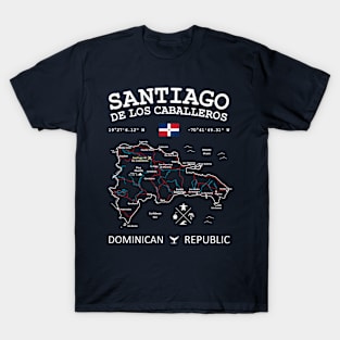 Dominican Republic Map Flag Santiago de los Caballeros Coordinates Roads Rivers and Oceans White T-Shirt